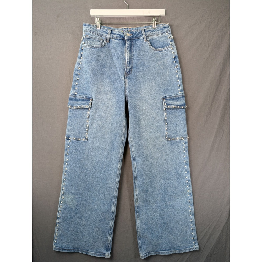Vibrant Miu VBRT Pearl Embellished Wide Leg Cargo Jeans Medium Stone Blue 15 W31